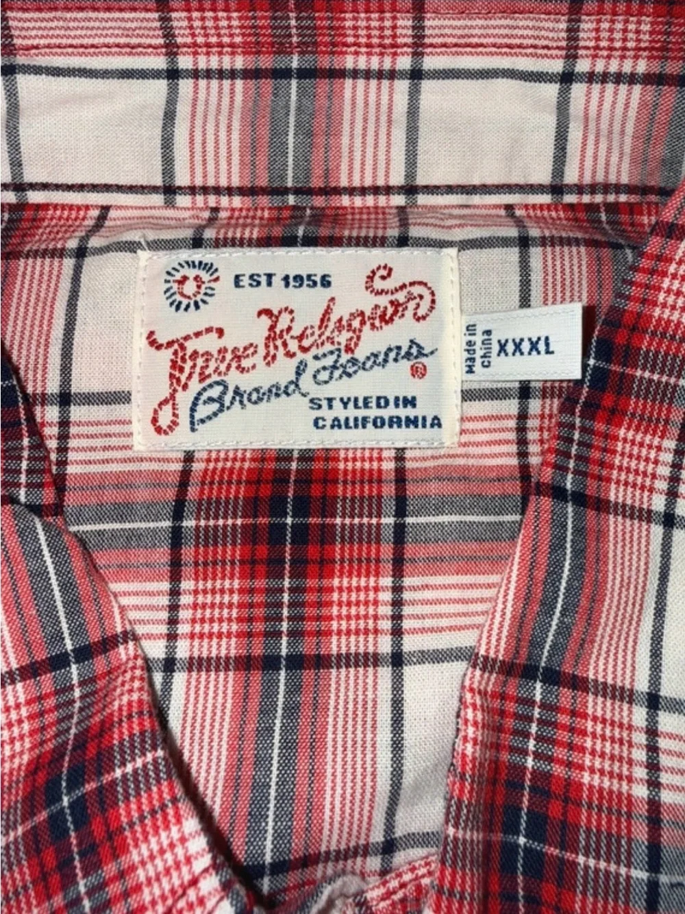 True Religion Red and White Plaid Button-Down Shirt